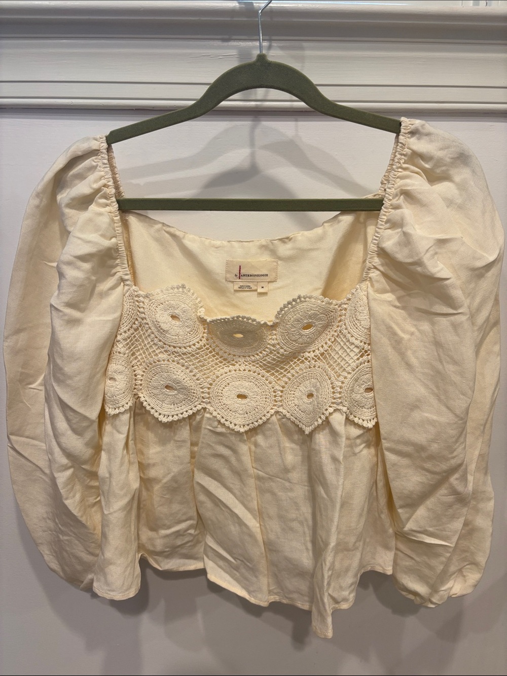 Anthropologie Cream Crochet-Trim Peasant Blouse